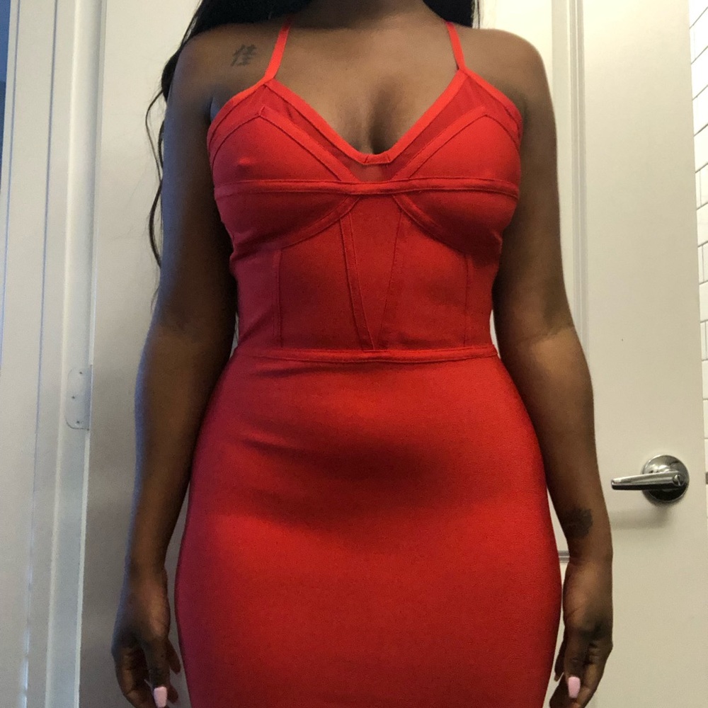 Red midi bandage dress